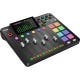 Angled front-left view of Rode RODECaster Pro II podcast console showing touchscreen, sliders, and colorful SMART pads